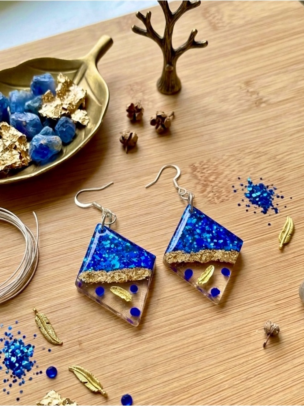 Handmade Blue Glitter Resin Drop Earrings